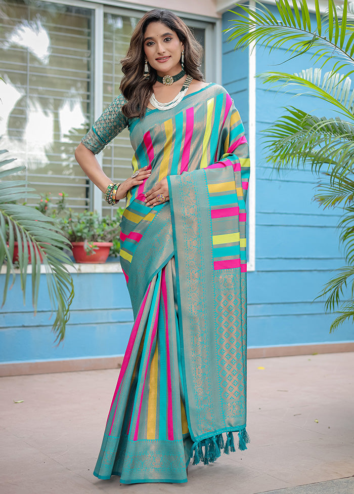 Turquoise Kanjivaram Silk Saree With Blouse Piece Cheap Sale Finishline