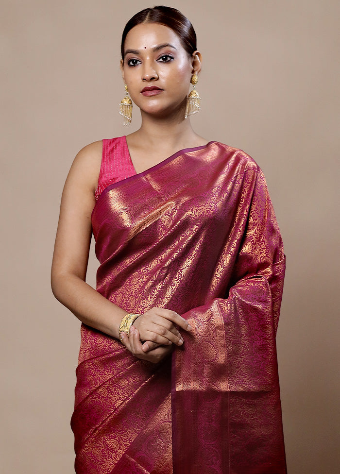 Pink Kanjivaram Silk Saree With Blouse Piece Wiki For Sale