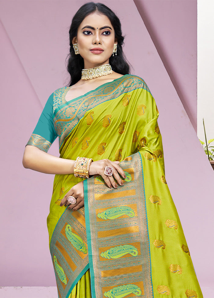 Parrot Green Dupion Silk Saree With Blouse Piece Clearance Pices