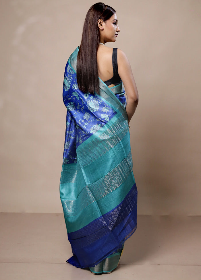 Blue Tussar Silk Saree With Blouse Piece Collections Cheap Pice