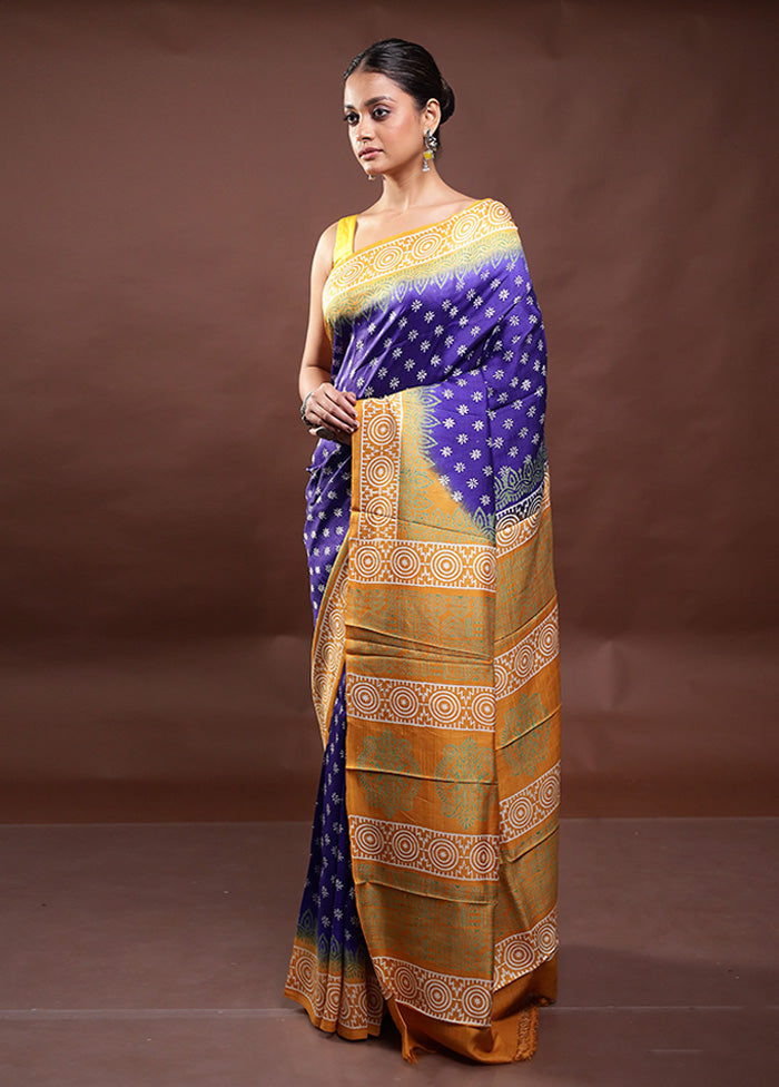 Blue Printed Pure Silk Saree Without Blouse Piece Cheap Sale Exclusive