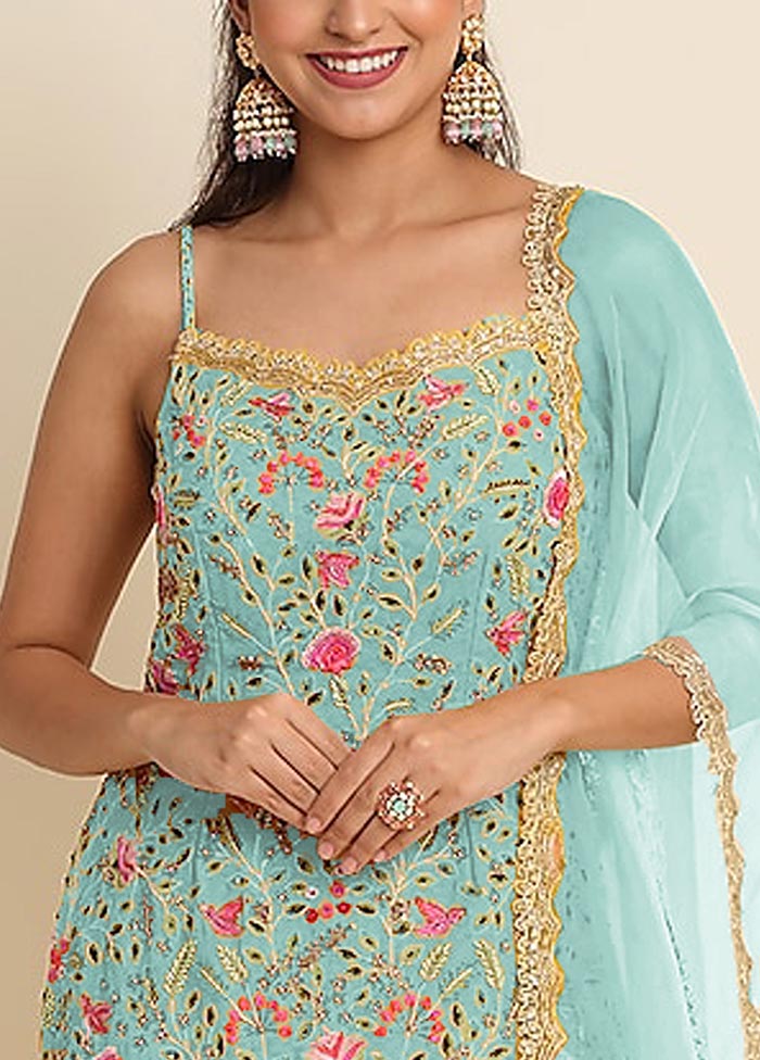 3 Pc Sky Blue Semi Stitched Georgette Suit Set Sale Top Quality