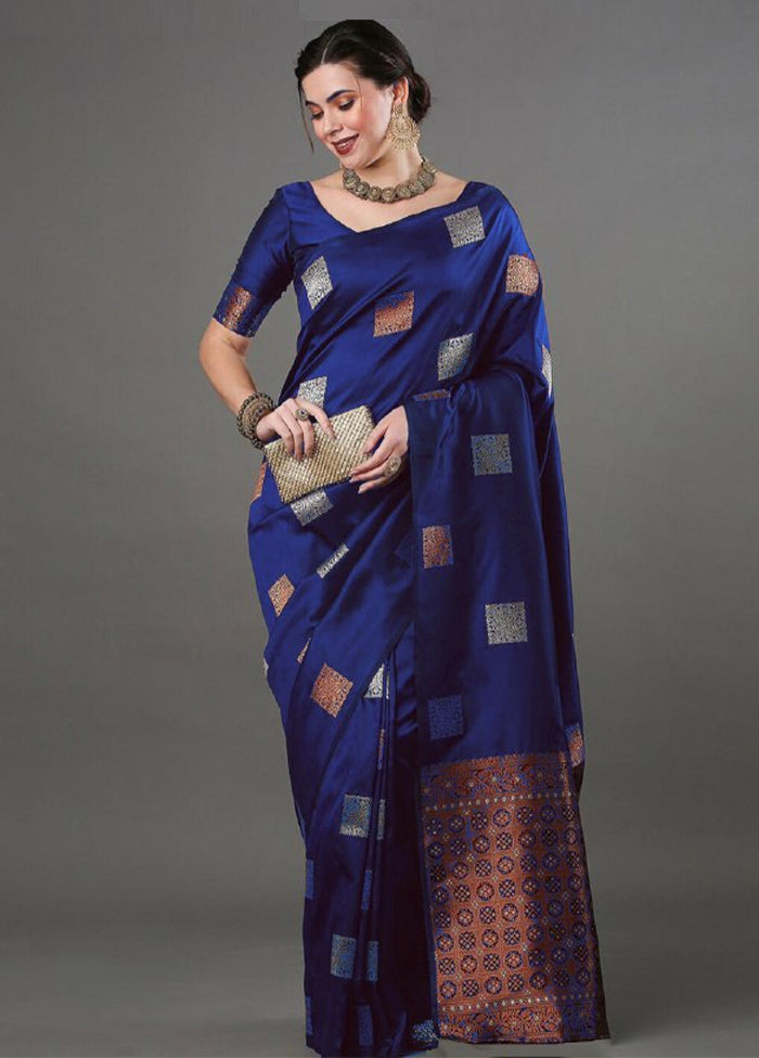 Blue Banarasi Silk Saree With Blouse Piece Cheap Sale 100% Original