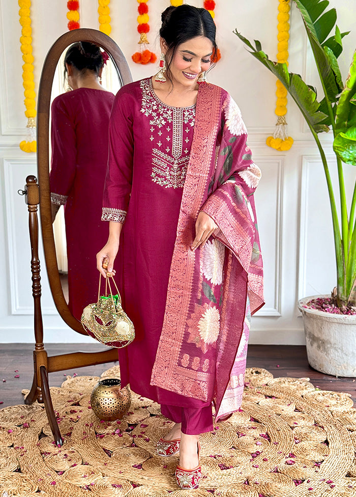 3 Pc Burgundy Readymade Viscose Dupatta Suit Set Free Shipping Supply