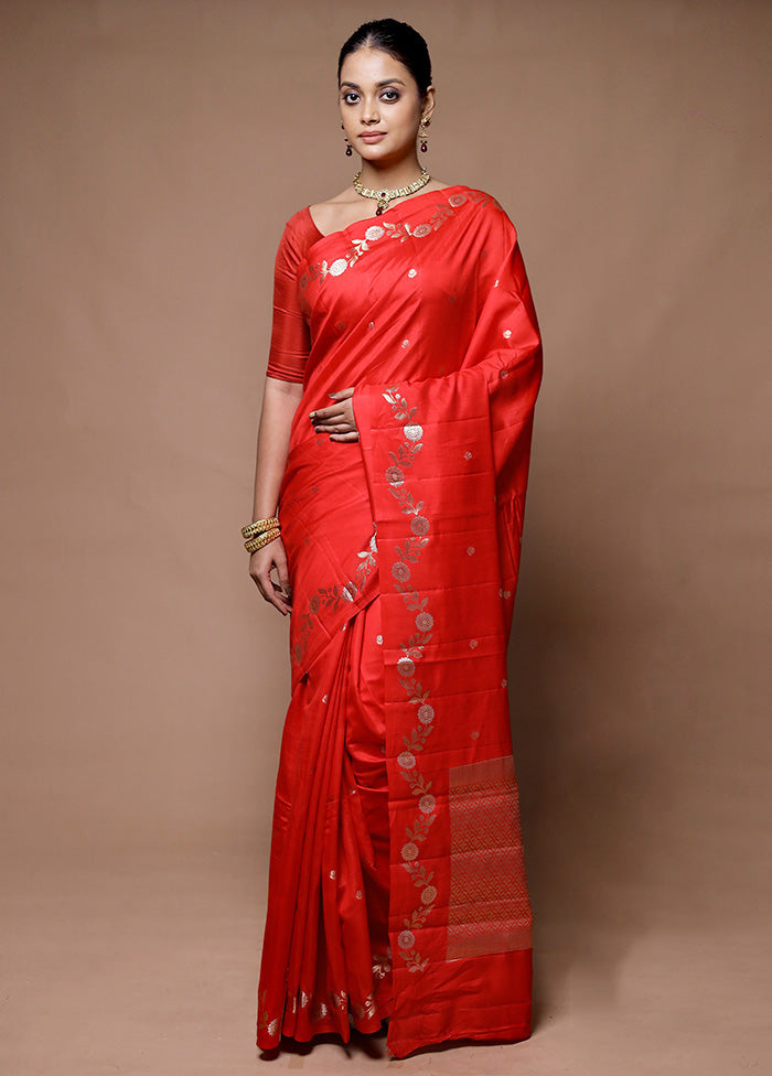 Red Handloom Dupion Pure Silk Saree With Blouse Piece Discount Purchase