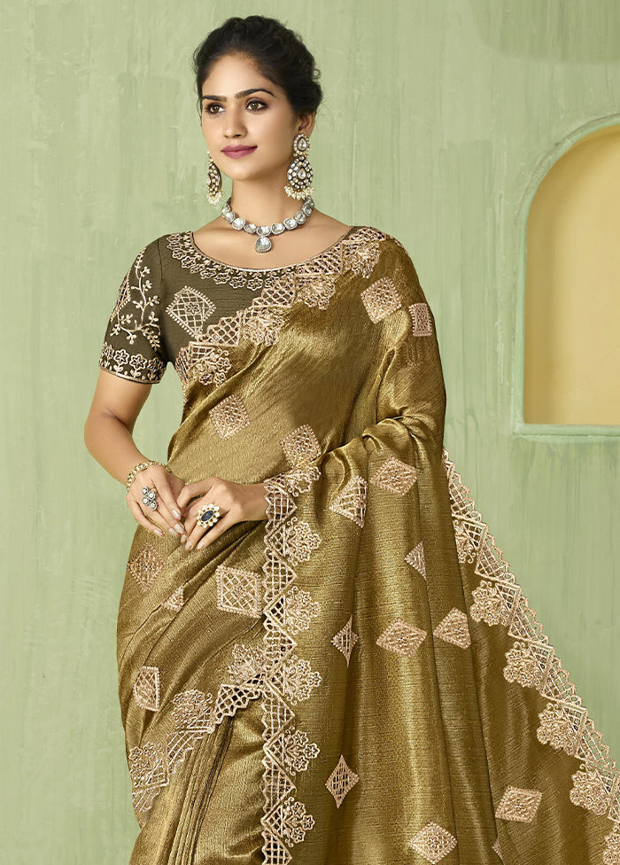 Olive Green Spun Silk Saree With Blouse Piece Cheap Low Cost