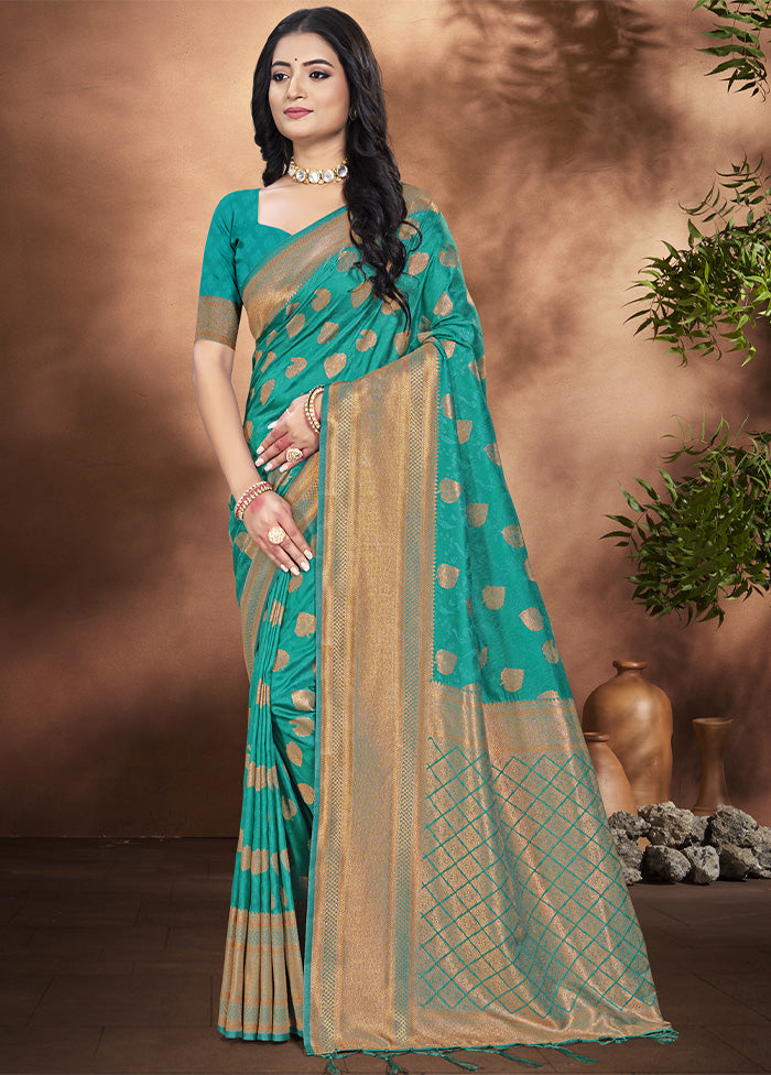 Turquoise Spun Silk Saree With Blouse Piece Genuine Sale Online