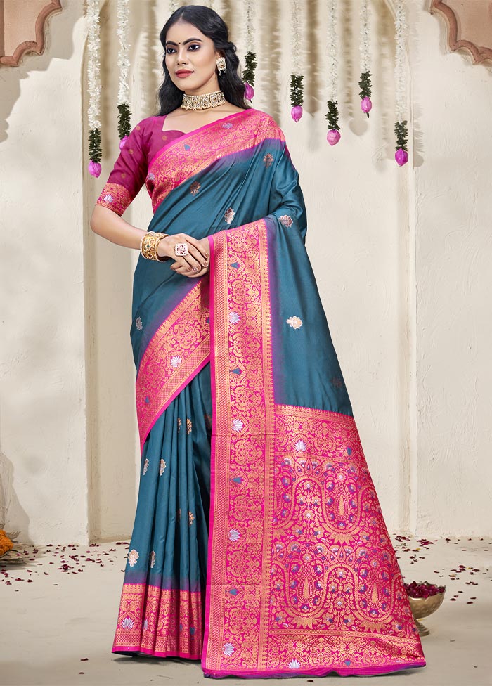 Rama Dupion Silk Saree With Blouse Piece Free Shipping Popular