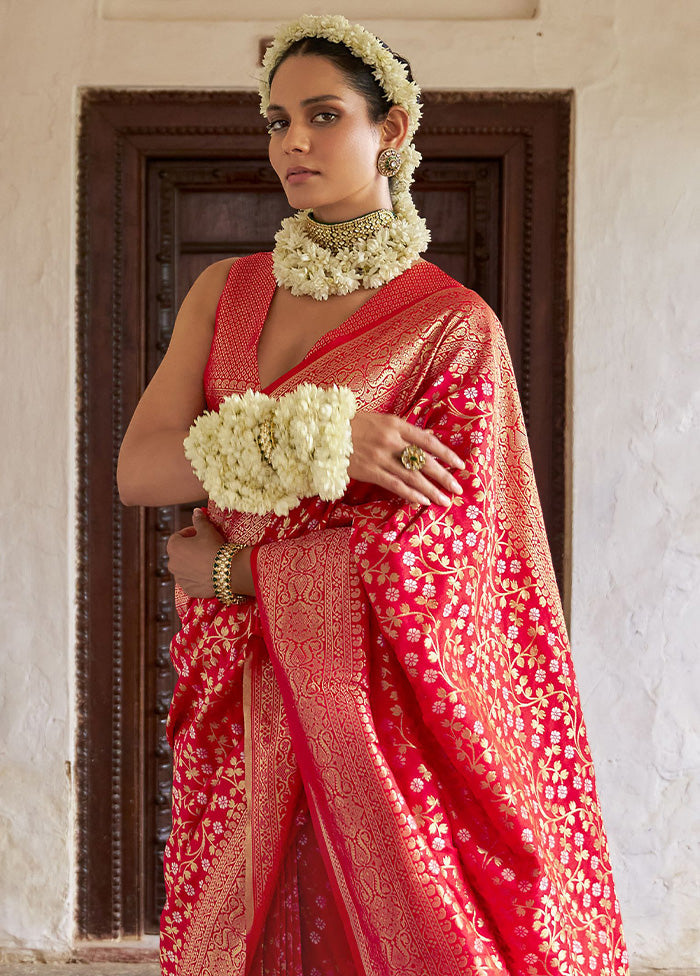 Red Banarasi Silk Saree With Blouse Piece Outlet View