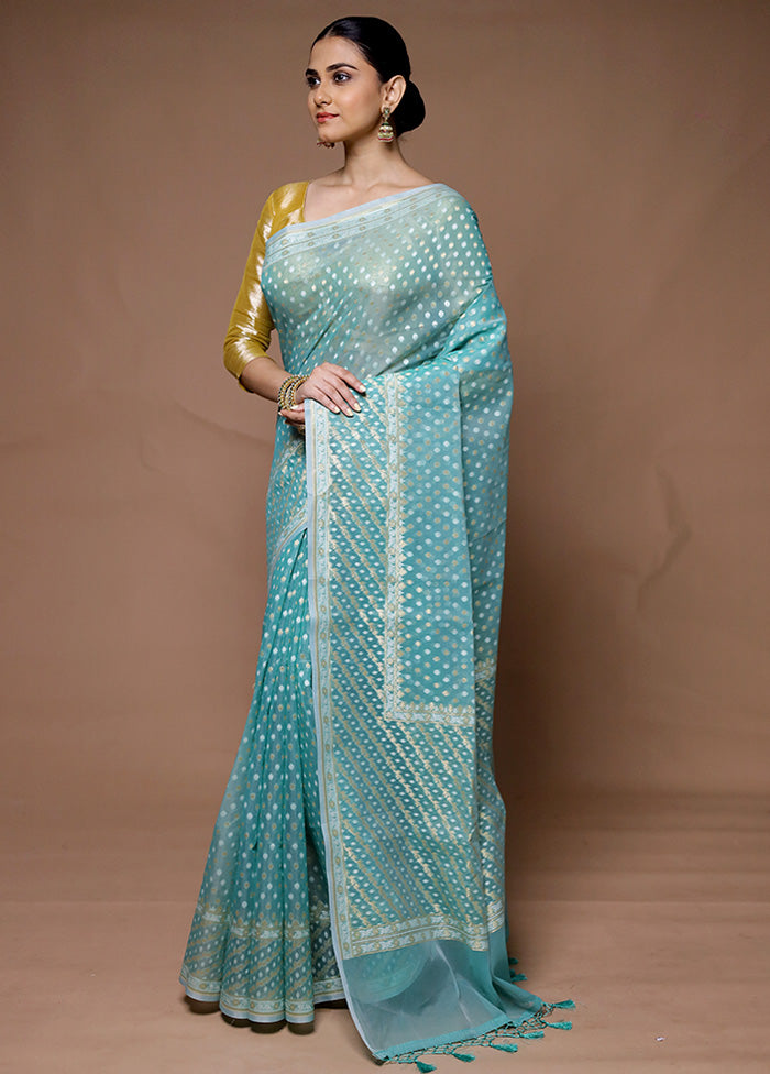 Blue Kora Silk Saree With Blouse Piece Sale In China