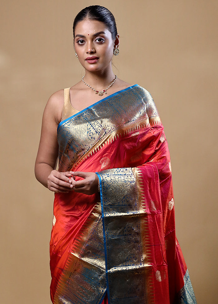 Orange Handloom Kanjivaram Pure Silk Saree With Blouse Piece Perfect Sale Online