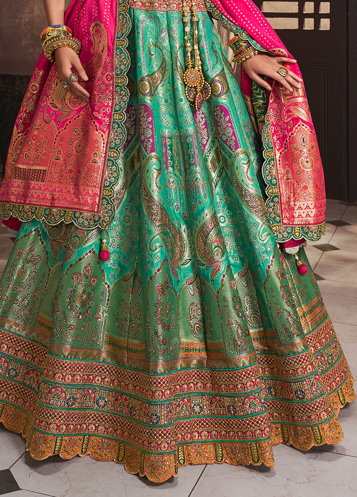 3 Pc Green Silk Semi Stitched Lehenga Set Cheap Online Store Manchester