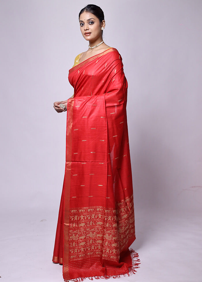 Red Handloom Tussar Pure Silk Saree With Blouse Piece For Nice Online