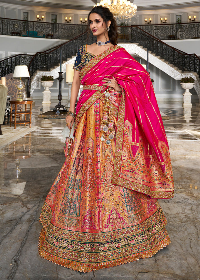 3 Pc Multicolor Silk Semi Stitched Lehenga Set Free Shipping Outlet Locations