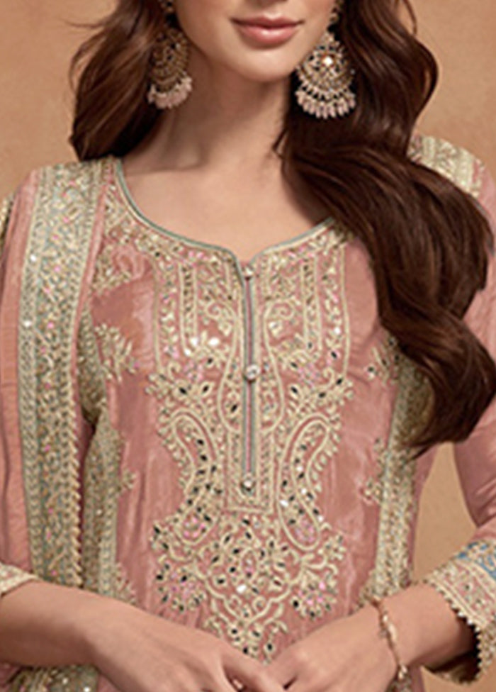 3 Pc Peach Readymade Silk Dupatta Suit Set Cheap Pice For Sale