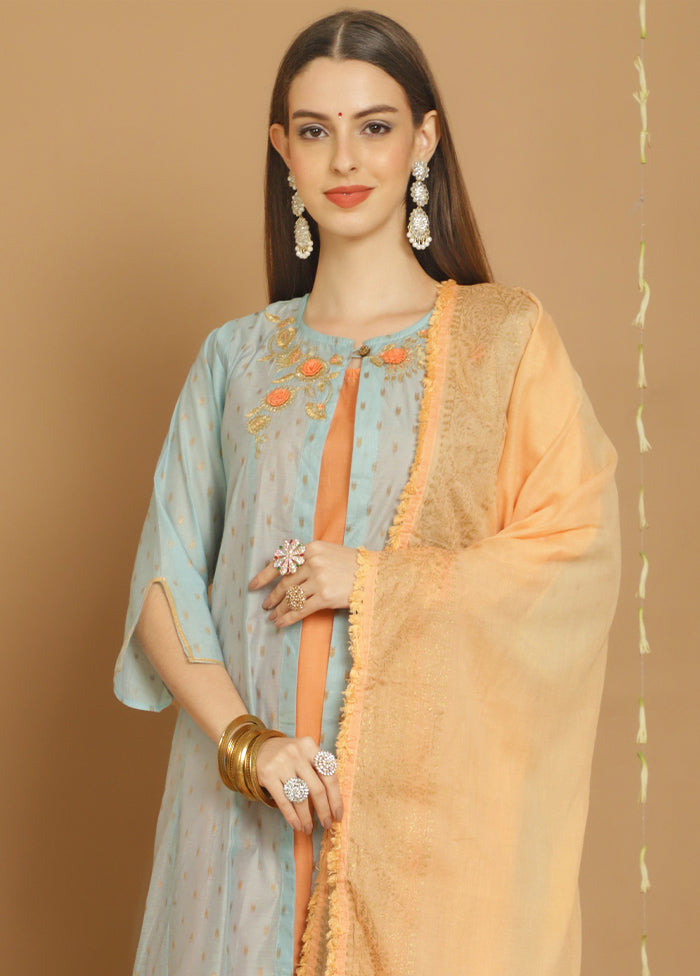 3 Pc Turquoise Unstitched Chanderi Suit Set Get To Buy For Sale