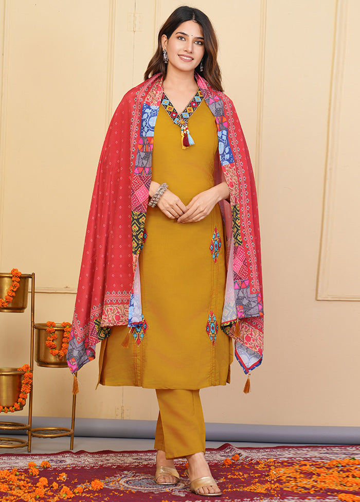 3 Pc Mustard Readymade Viscose Suit Set Original For Sale