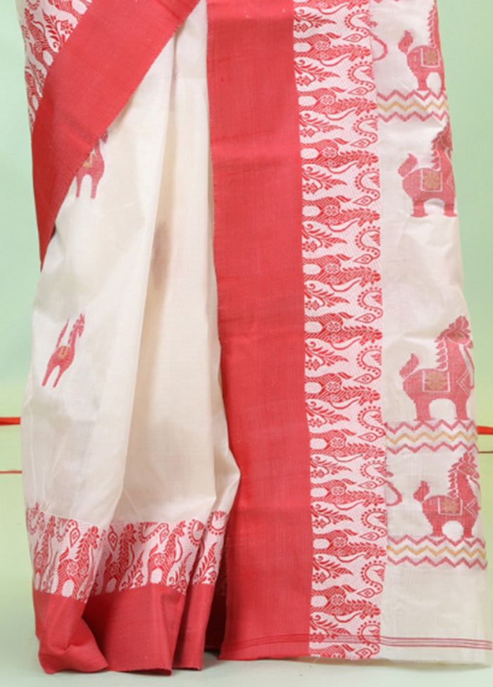 Off White Tussar Pure Silk Horse Motifs Woven Saree Without Blouse Piece Clearance Cost