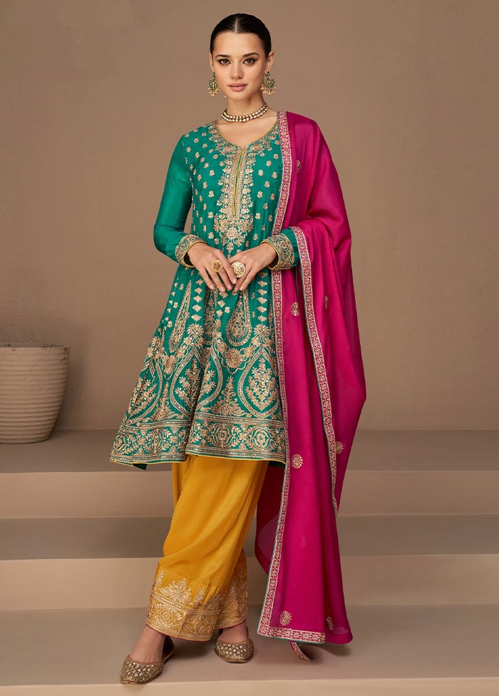 3 Pc Rama Green Semi Stitched Georgette Suit Set Under 70 Dollars