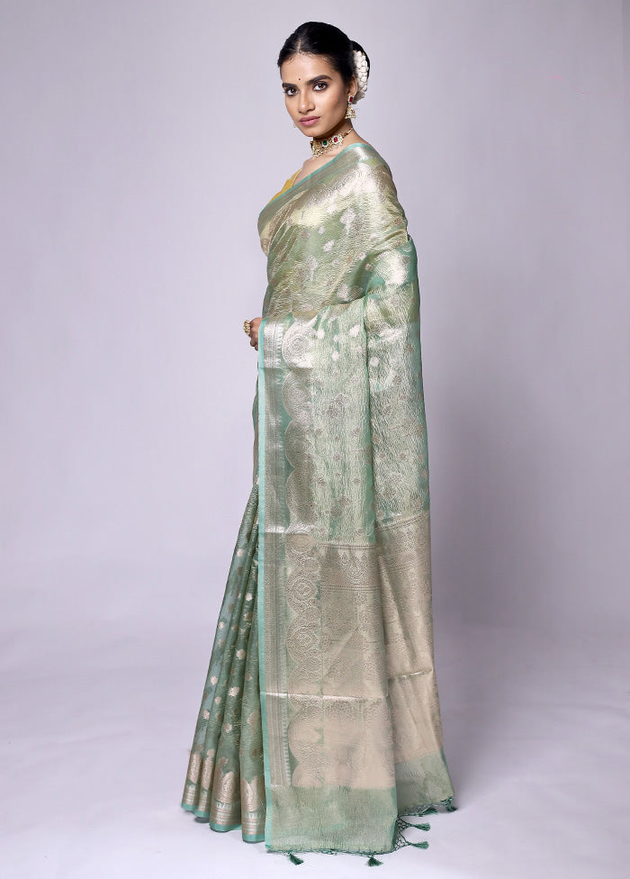 Green Crushed Tissue Silk Saree With Blouse Piece Wholesale Pice