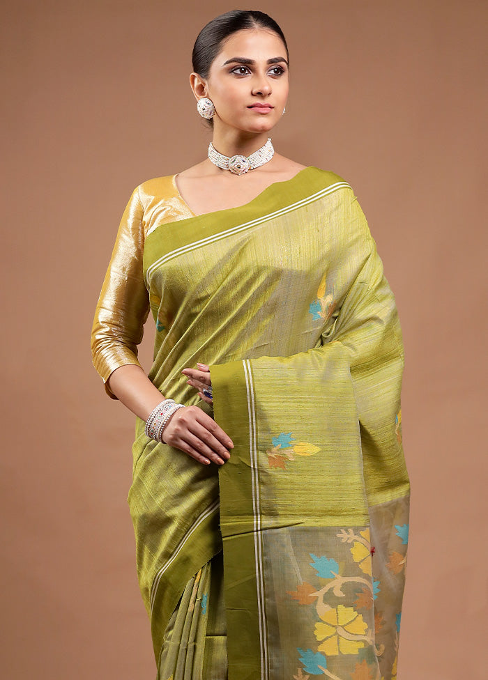 Green Handloom Tussar Pure Silk Saree With Blouse Piece Shipping Discount Authentic