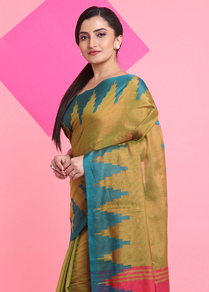 Olive Green Spun Silk Saree With Blouse Piece Discount Pay With Visa