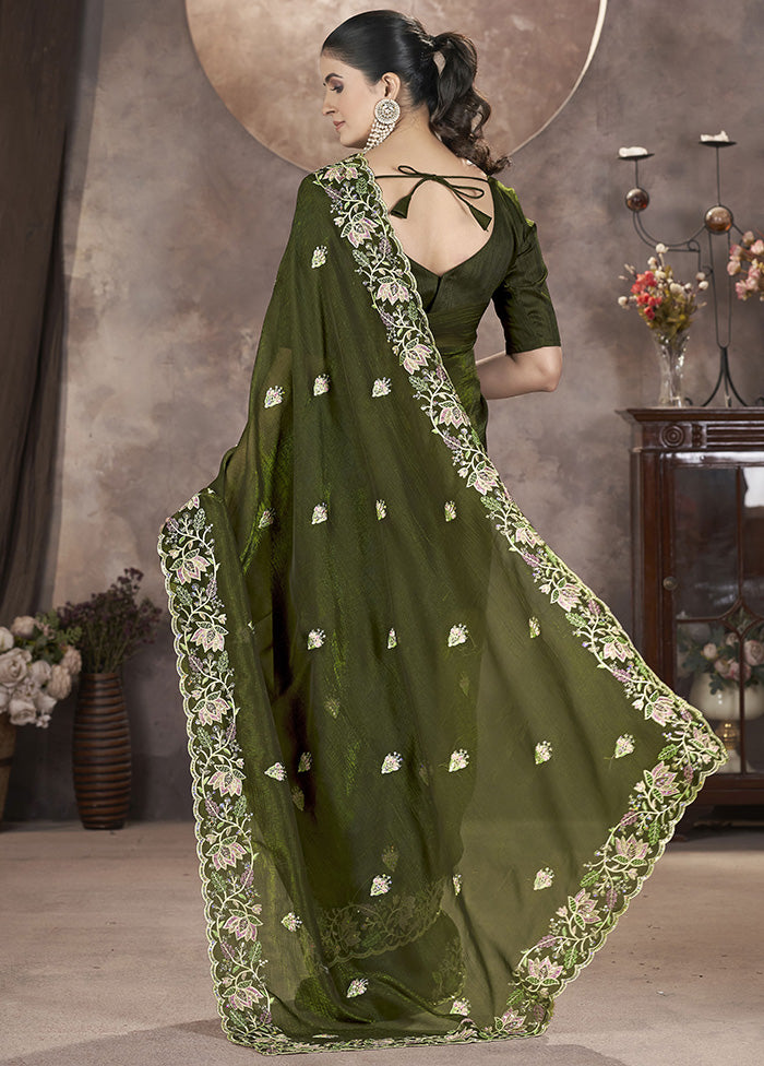 Green Spun Silk Saree With Blouse Piece Best Deals