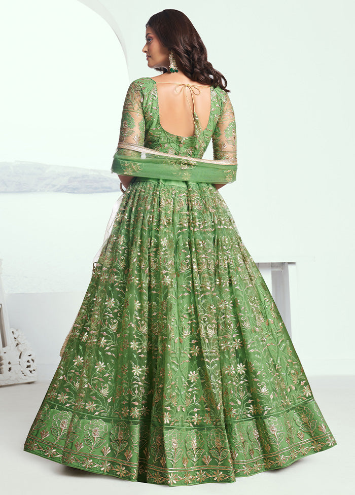 3 Pc Pista Green Net Semi Stitched Lehenga Set Free Shipping Wholesale Pice