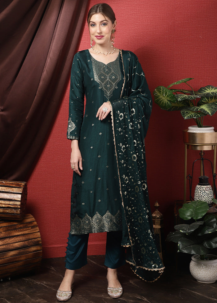 3 Pc Teal Unstitched Silk Suit Set Real Sale Online