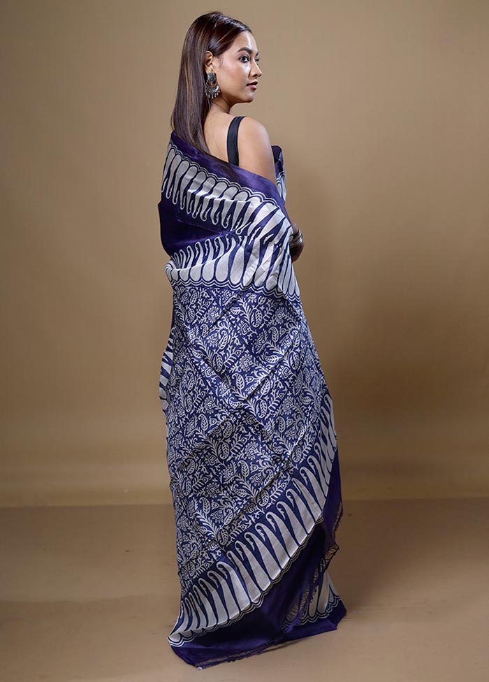 Blue Printed Pure Silk Saree Without Blouse Piece Get To Buy For Sale