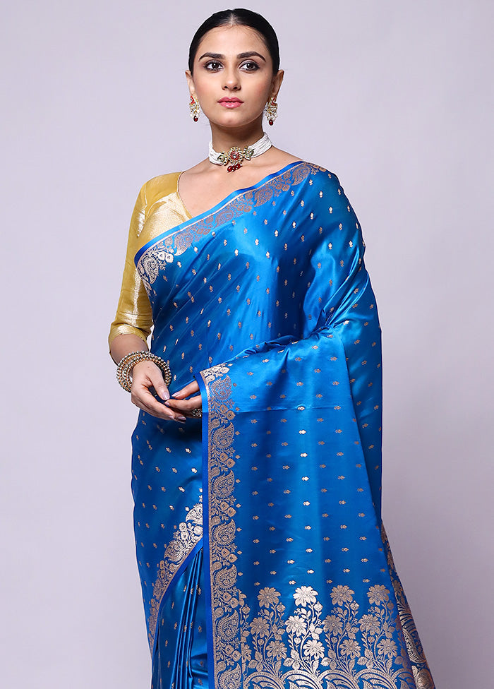 Blue Banarasi Silk Saree With Blouse Piece Sale Official