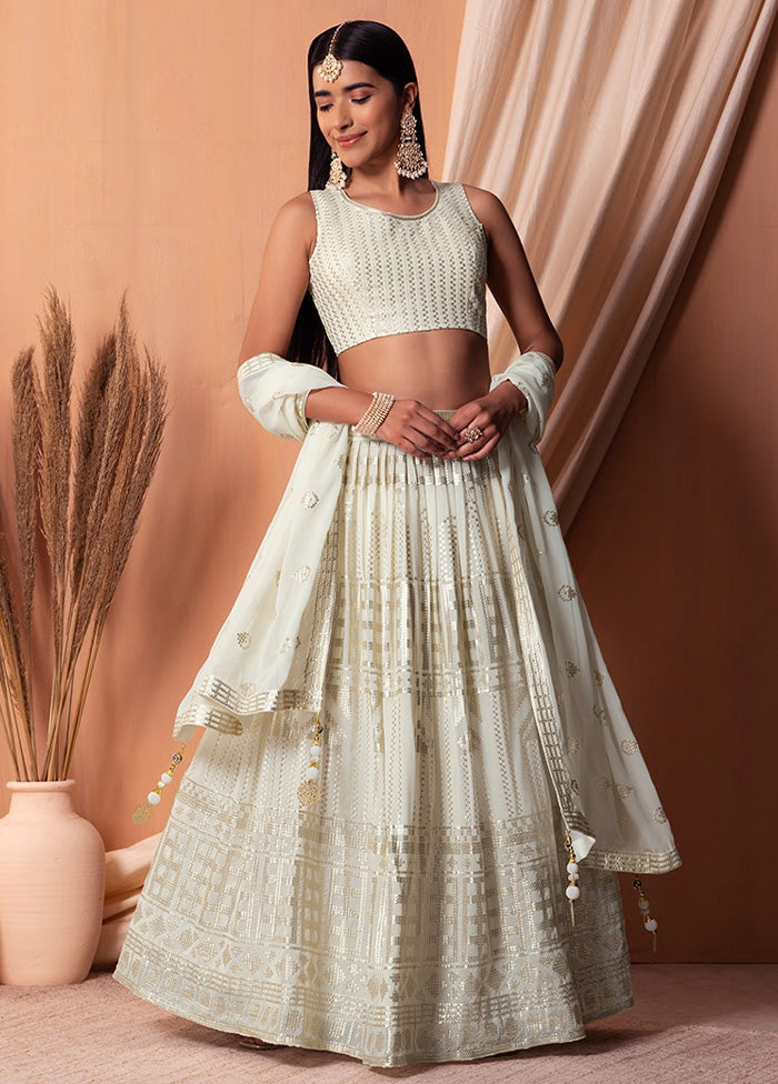 3 Pc White Georgette Semi Stitched Lehenga Set Pay With Paypal For Sale