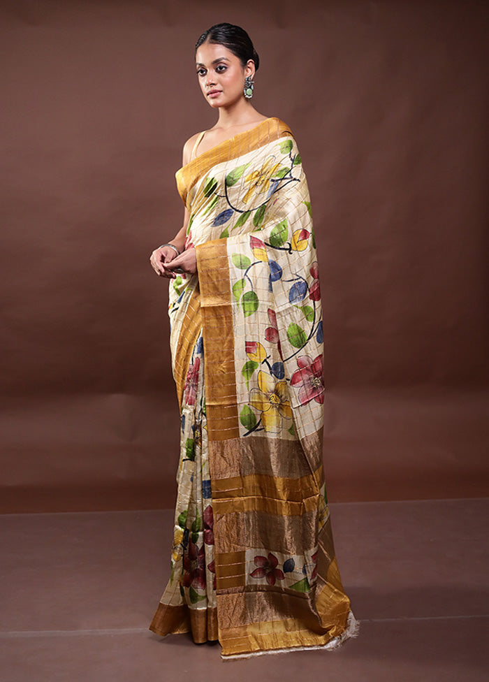 Cream Handloom Tussar Pure Silk Saree With Blouse Piece Buy Sale Online