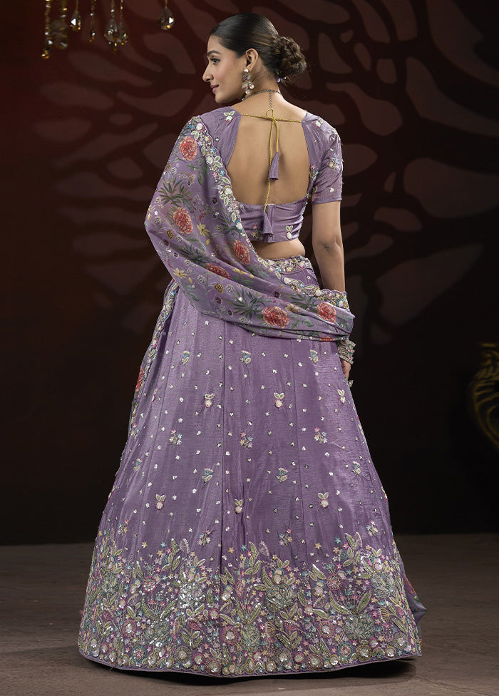 3 Pc Purple Silk Semi Stitched Lehenga Set Cheap Pice Cost