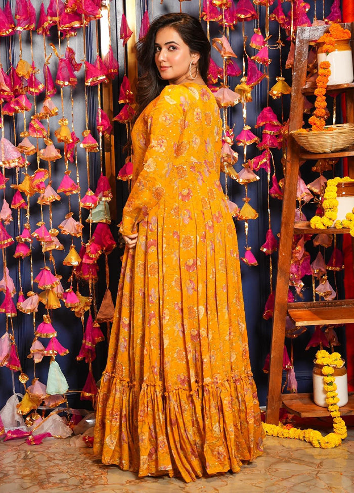 3 Pc Yellow Readymade Silk Shrug Suit Set Best Sale Online