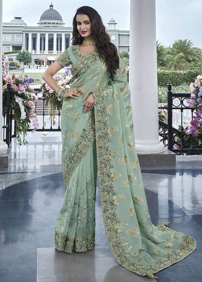 Green Spun Pure Silk Saree With Blouse Piece Clearance Low Shipping