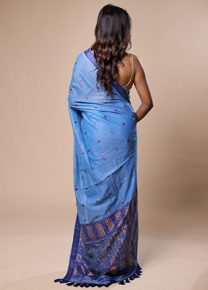 Blue Assam Silk Saree With Blouse Piece Clearance Big Sale