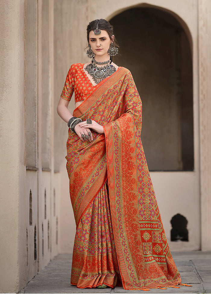 Orange Spun Silk Saree With Blouse Piece Clearance High Quality