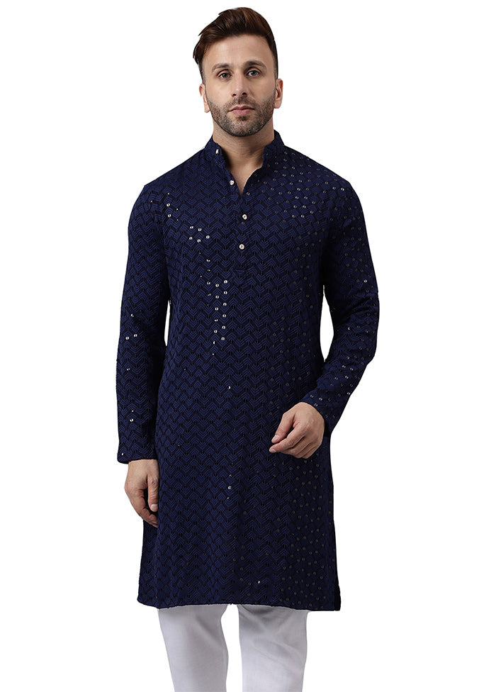 Navy Blue Silk Embroidered Kurta Outlet Manchester Great Sale