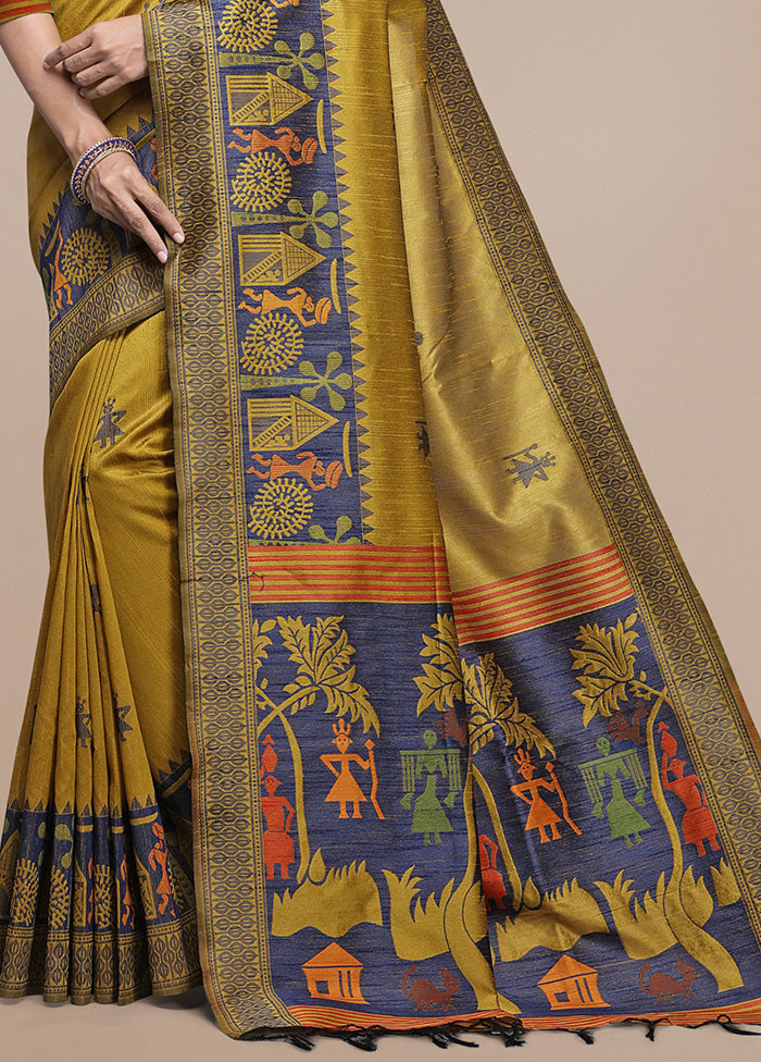 Yellow Spun Silk Saree With Blouse Piece Cheap Sale Low Pice