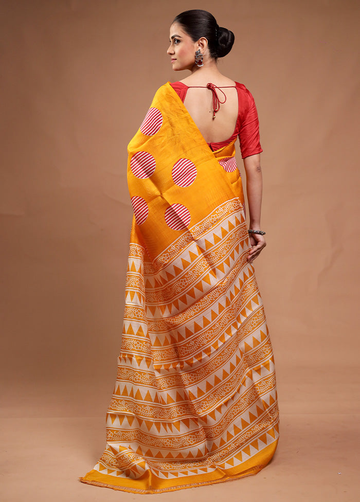 Yellow Printed Pure Silk Saree Without Blouse Piece Cheapest Pice