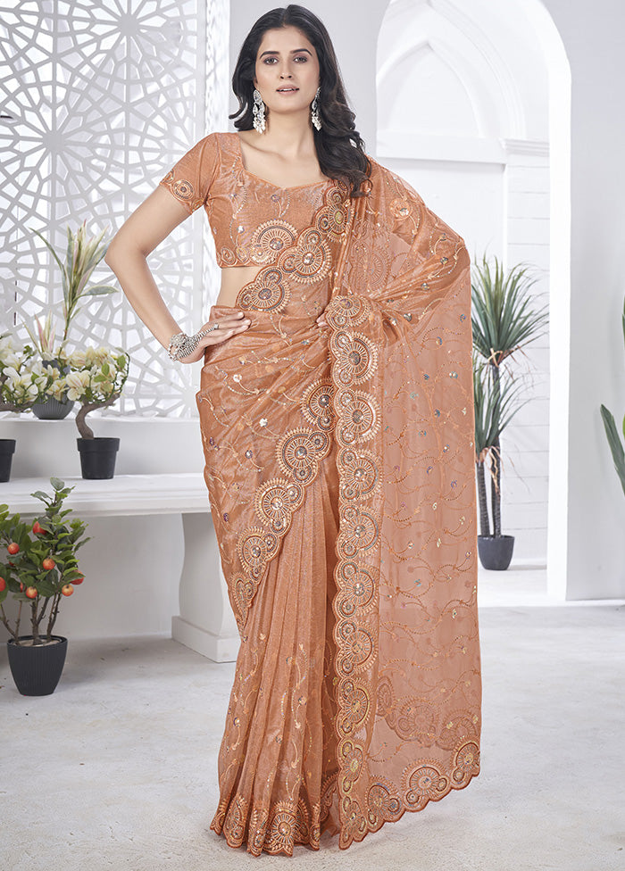 Peach Net Net Saree With Blouse Piece Buy Cheap Free Shipping