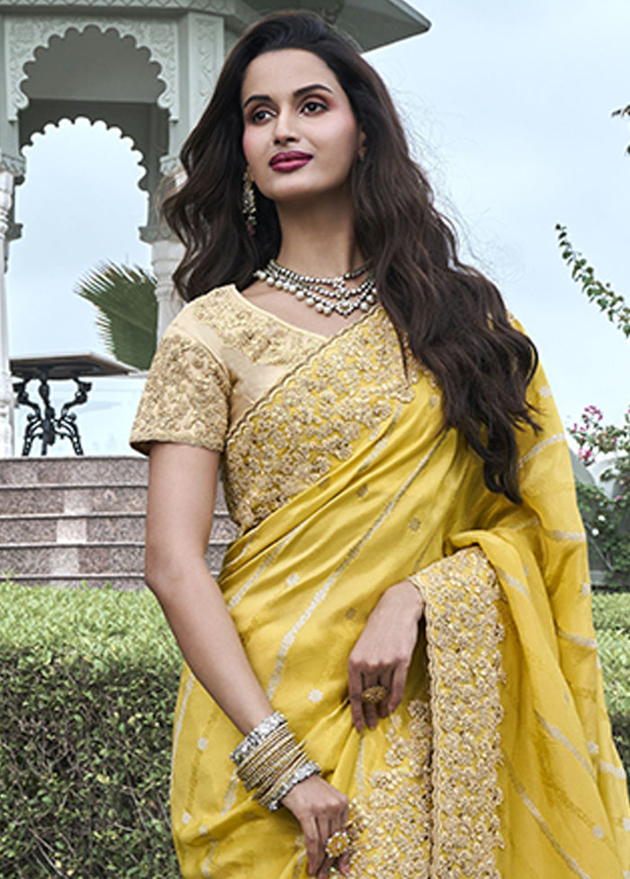 Yellow Spun Pure Silk Saree With Blouse Piece Genuine Cheap Pice