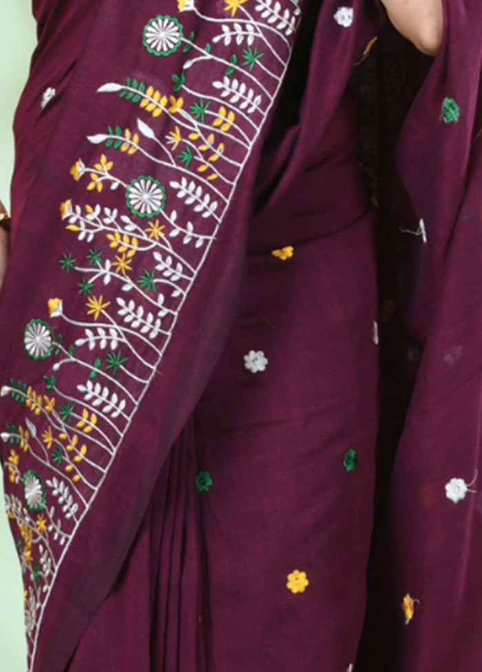 Burgundy Cotton Saree With Blouse Piece Big Discount Cheap Pice