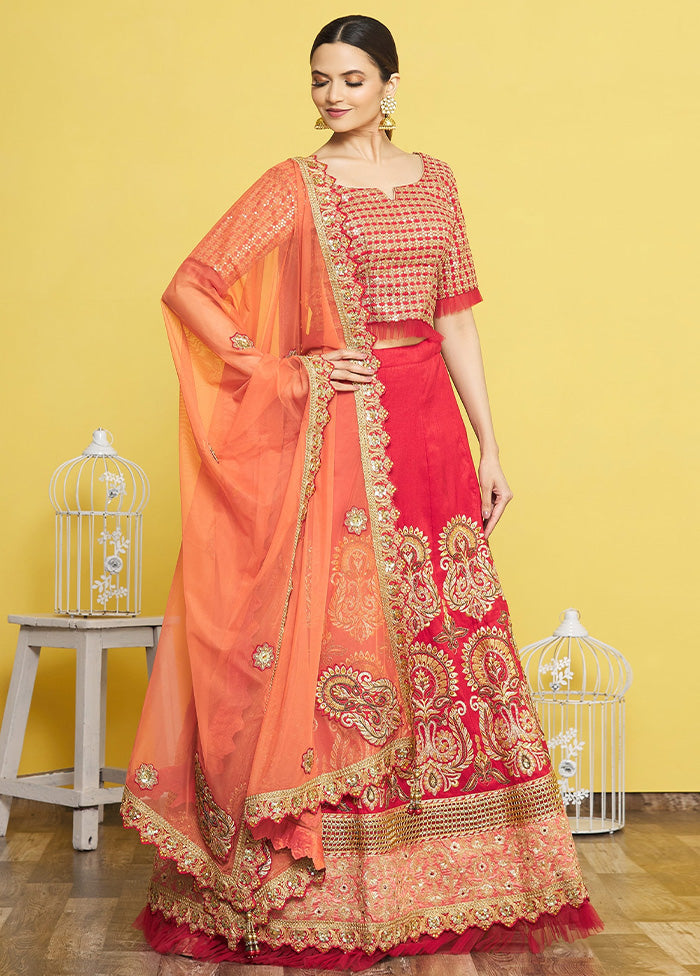 3 Pc Red Silk Semi Stitched Lehenga Set Free Shipping Browse