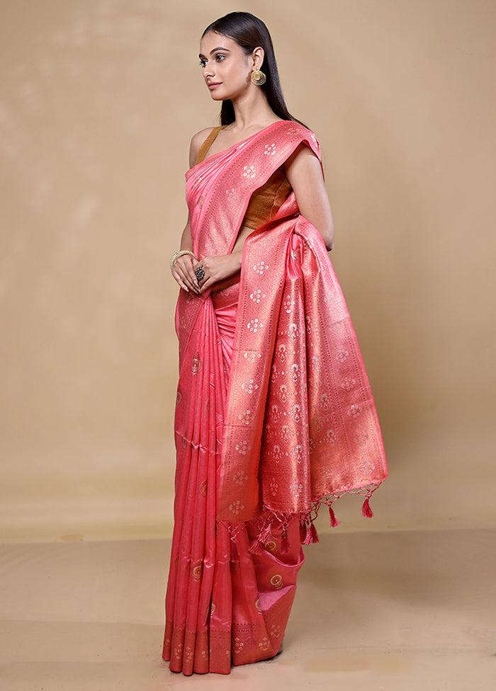 Peach Dupion Silk Saree With Blouse Piece Discount Purchase