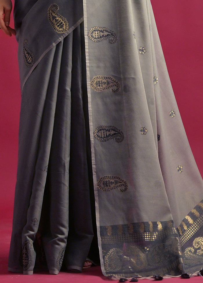 Grey Pure Cotton Saree With Blouse Piece Sale For Nice