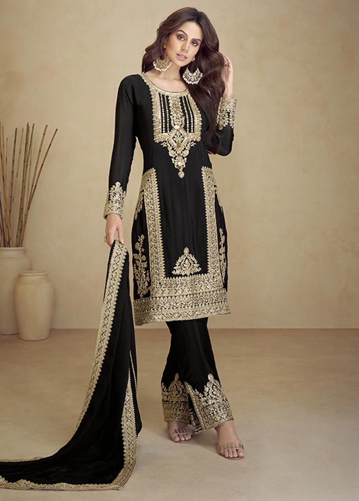 3 Pc Black Semi Stitched Georgette Suit Set Cheap Genuine