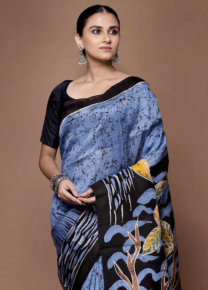 Blue Printed Pure Silk Saree Without Blouse Piece Discount Get To Buy