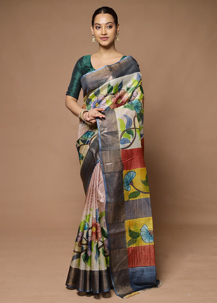 Cream Handloom Tussar Pure Silk Saree With Blouse Piece Cost For Sale